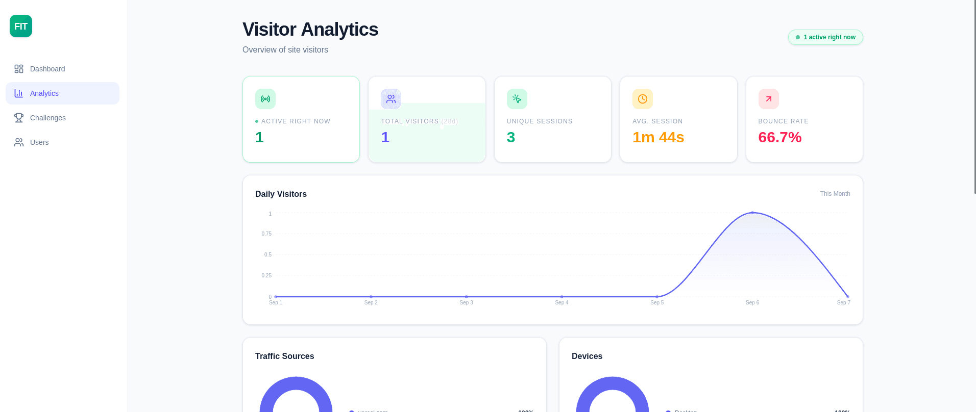 Visitor analytics with live visitor count, sessions, bounce rate and a daily visitors chart
