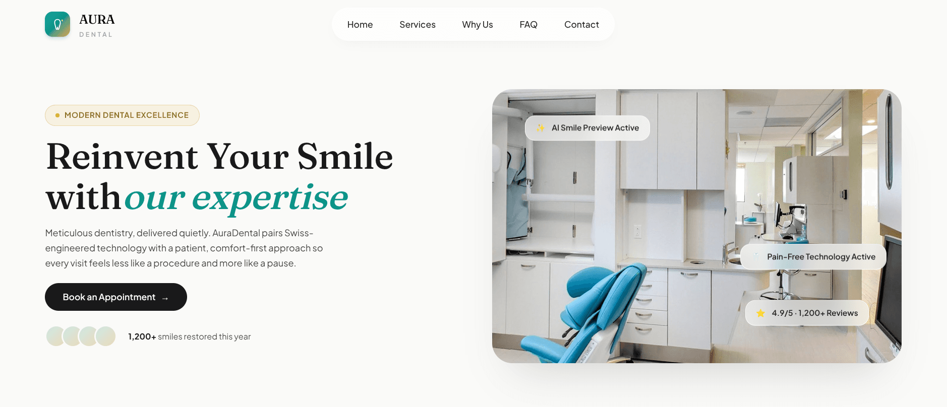 Dental clinic website homepage with an appointment booking panel