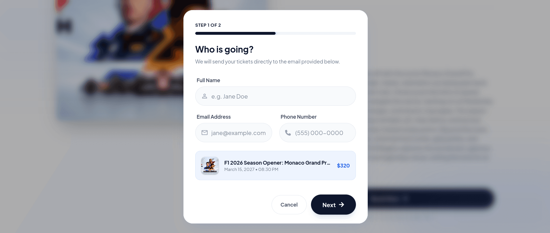 Checkout screen showing ticket selection and payment summary