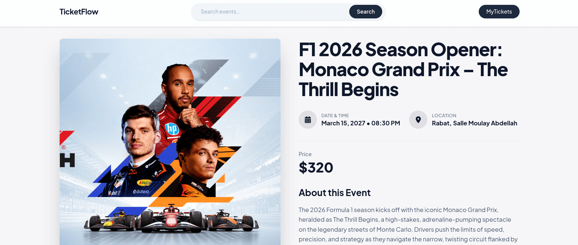 Event listing page with filters and event cards