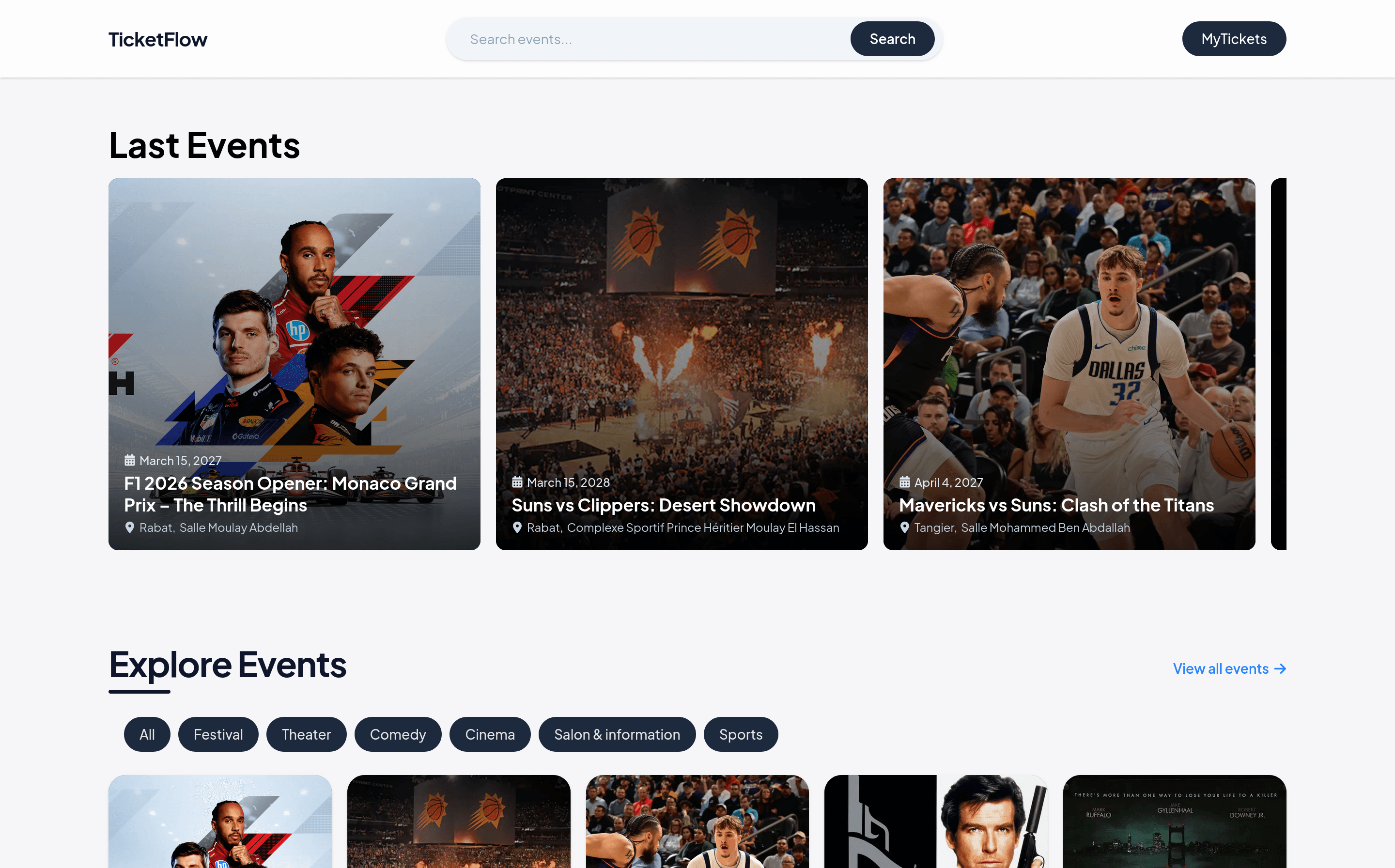 Event ticketing platform homepage listing upcoming events