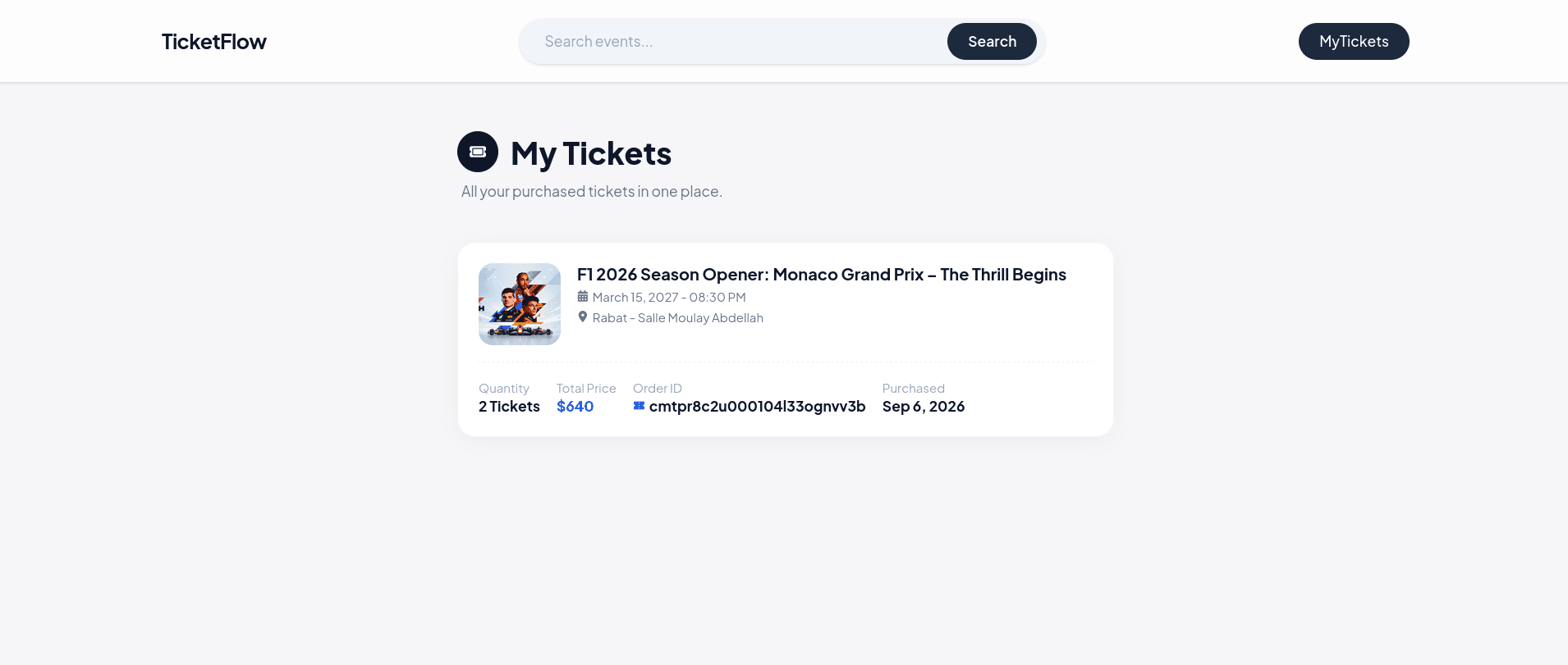 My Tickets page listing purchased tickets with QR codes and event dates